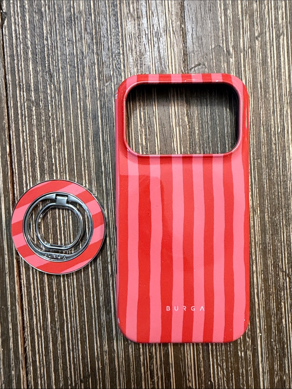 iPhone 17 Pro Burga Red/Pink Striped Protective Phone Case with Matching Ring